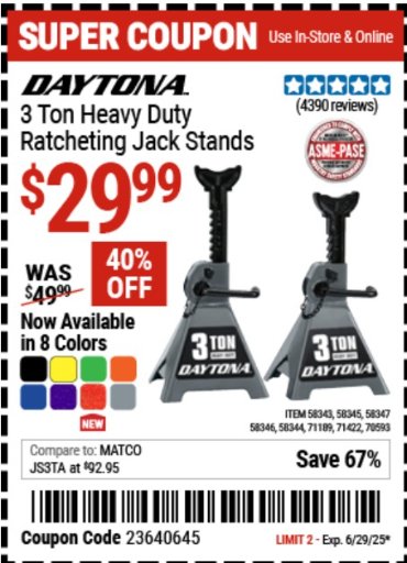 Daytona 3 Ton Heavy Duty Ratcheting Jack Stands
