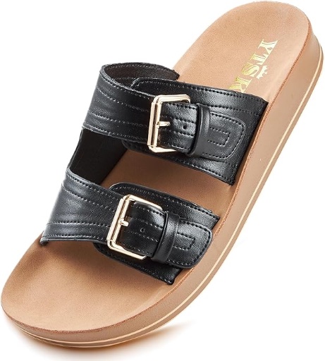 Leather Flat Memory Foam Sandals with Adjustable Buckle