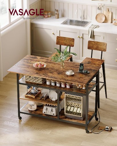 VASAGLE Kitchen Island with Drop Leaf & Power Strip