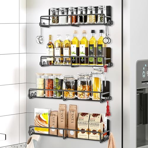 4 Pack Magnetic Spice Rack for Refrigerator W/Hooks