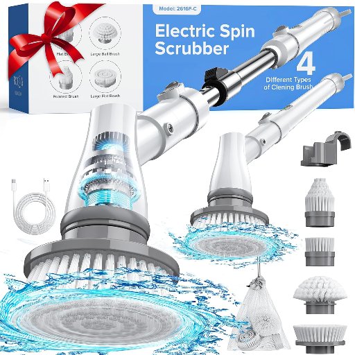 Outring Electric Spin Scrubber W/Long Handle & 4 Replacement Brush Heads