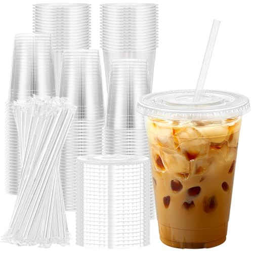Lamosi 100 Pack 16 oz Clear Plastic Cups with Lids and Straws