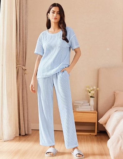 Ekouaer 2 PC Women Waffle Knit Lounge Sets