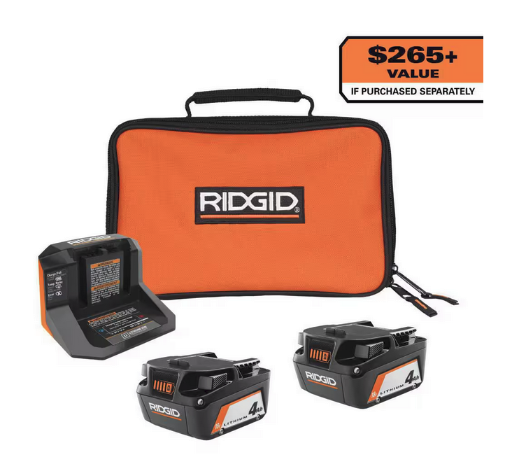 RIDGID 18V Lithium-Ion (2) 4.0 Ah Battery Starter Kit W/Charger & Bag