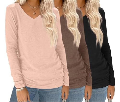 Ekouaer 3 Pack Long Sleeve V-Neck Shirts for Women