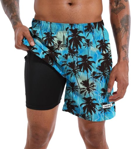 CHEXPEL Men's Quick Dry Swim Trunks W/Compression Liner & 7" Inseam
