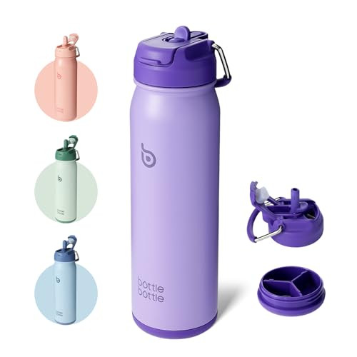 Insulated Water Bottle with Straw Lid and Pill Organizer