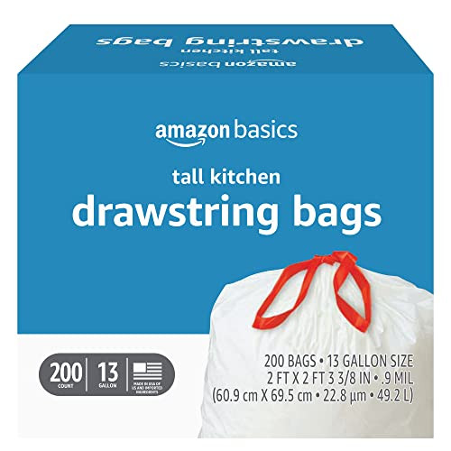 Amazon Basics Unscented 13 Gallon Tall Kitchen Drawstring Trash Bags, 200 Count