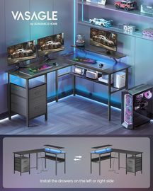 Vasagle L Shaped Desk W/Power Outlets, LED Lights & 2 Drawers