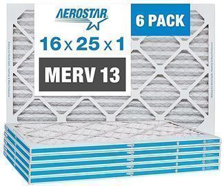 Aerostar 16x25x1 MERV 13 Pleated Air Filter, 6 Pack (Actual Size: 15 3/4" x 24 3/4" x 3/4")