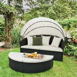 Off White Patio Round Daybed with Retractable Canopy Rattan Sectional Seating