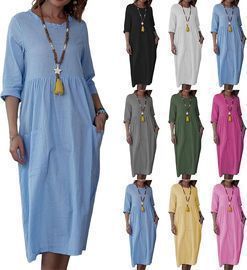 3/4 Sleeve Linen Dresses w/Pockets