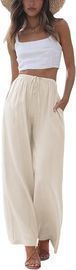 Faleave Women's Cotton Linen Summer Palazzo Pants Flowy Wide Leg Beach Trousers with Pockets