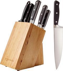 Amazon Basics 9 Pieces Premium High-Carbon Stainless-Steel Blades with Pine Wood Knife Block Set