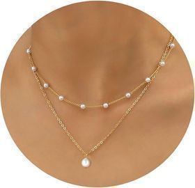 Gold Pearl Necklace for Women, 14K Gold Plated