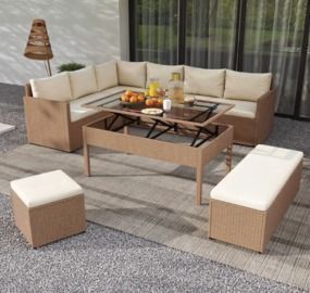 6 Pcs Wicker Outdoor Sectional Sofa Set with Lift-Top Table and Ottomans