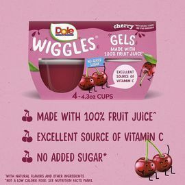 Dole Wiggles No Sugar 4.3oz Cherry Fruit Juice Gel Snacks, 24 Count