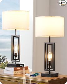 Set of 2, Edishine 25.6" Farmhouse Table Lamps W/USB Charging Ports