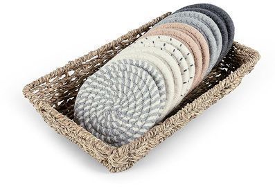 Boho Coasters for Drinks with Seagrass Basket Holder, Set of 12