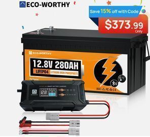Eco-Worthy 3584Wh 12V 280Ah Bluetooth LiFePO4 Lithium Battery + 12/24V 20A Charger