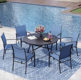 Black 7pc Metal Slat Round Table Outdoor Patio Dining Set with Blue Textilene Chairs