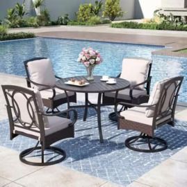5pc Metal Patio Outdoor Dining Set with Beige Cushions with 4 Swivel Dining Chairs