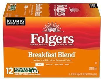 Folgers Breakfast Blend Mild Roast Coffee K-Cup Pods, 12pk