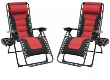 Black Frame Red and Black Patio Premier Padded Gravity Foldable Chairs, 2pk
