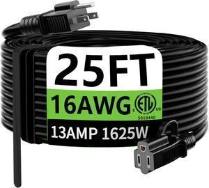 Huanchain 25' 3 Prong Heavy Duty Black Extension Cord
