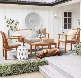4pc Acacia Wood Patio Conversation Set with Cream Cushions