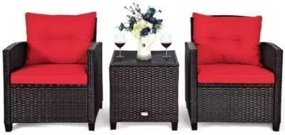 3pc Rattan Wicker Patio Conversation Set Sofa Coffee Table with Red Cushions