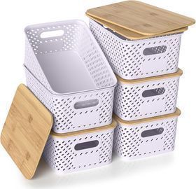 Plastic Storage Bins with Bamboo Lids, 6pk
