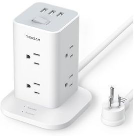Tower Power Strip w/ 6 Feet Extension Cord, 8 Outlets, & 3 USB-A Chargers