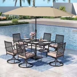 8pc Metal Outdoor Patio Dining Set w/ Beige Cushions and Umbrella