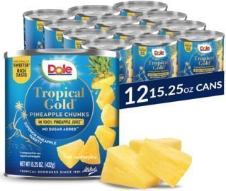 Dole Canned Tropical Gold Pineapple Chunks in 100% Pineapple Juice, 15.25oz, 12pk