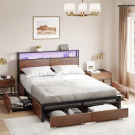 Antioch Modern Bed Frame with 4 Drawers, LED Light and Charging Station