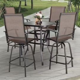 Nuu Garden Brown 5pc Metal Patio Outdoor Bar Set with High Swivel Bistro Chairs