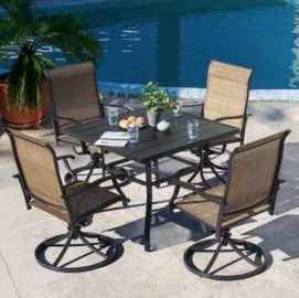 Nuu Garden 5pc Steel Sling Outdoor Patio Dining Set w/ Square Table and Swivel Dining Chairs